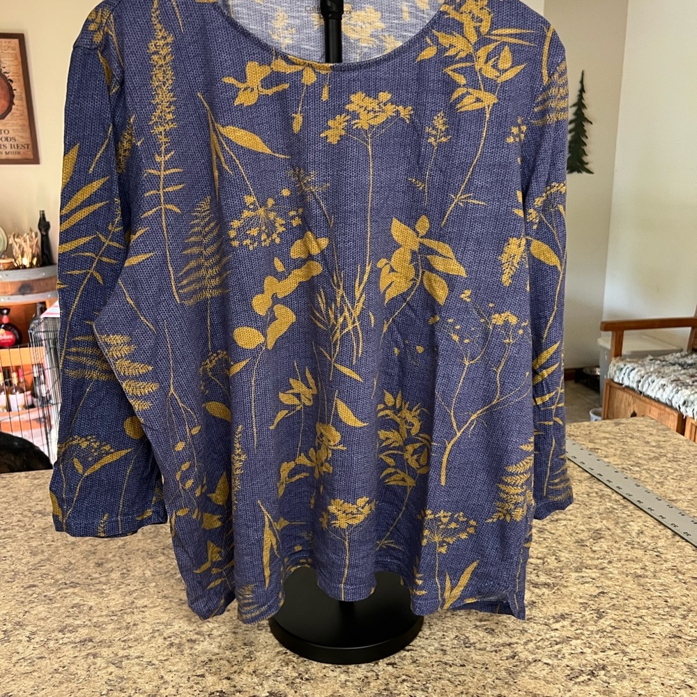 Coldwater Creek Blue Floral Knit Top with Mustard Print XL